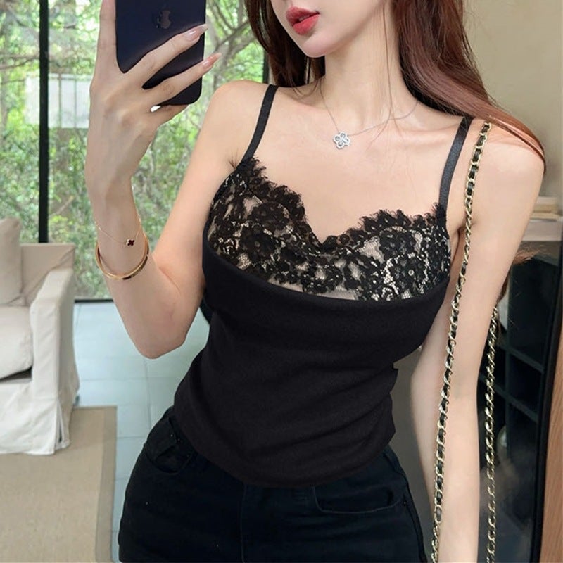 2025 Spring New Pure Style Lace Stitching With Chest Pad Beauty Back Vest Sling Top White - Image 5